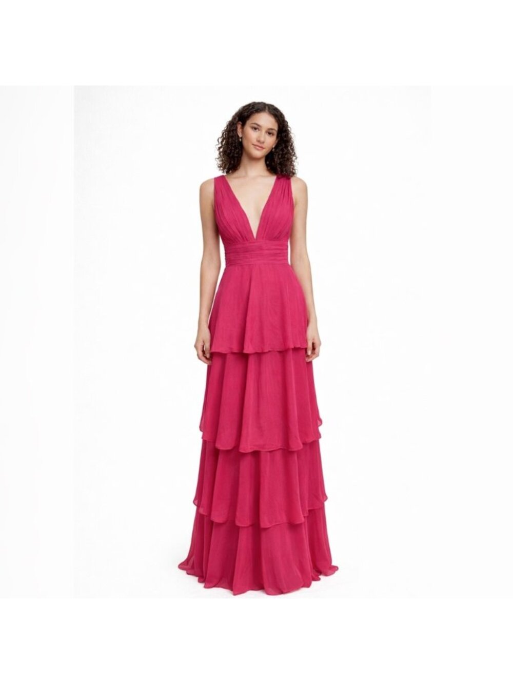 Fuchsia Pink Plunging V-Neck Tiered Chiffon Maxi Gown Sleeveless Formal Dress - Picture 14 of 14